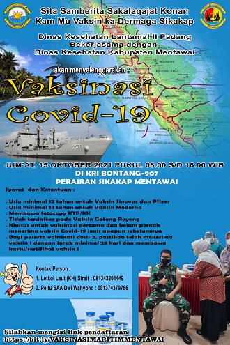 Lantamal II Padang  Bakal Gelar Vaksinasi COVID-19 di KRI Bontang-907 Perairan Sikakap Mentawai