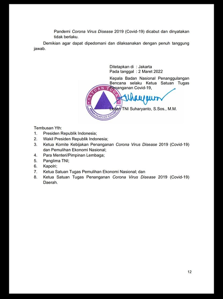 Potongan SE Ka Satgas Penanganan Covid-19 \
