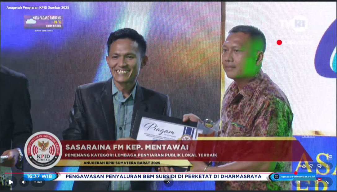 Sasaraina FM Raih Penghargaan Sebagai Radio Terbaik Sumatera Barat pada KPID Sumbar Award 2025
