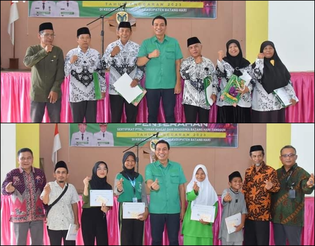 BUPATI BATANGHARI SERAHKAN SERTIFIKAT PROGRAM PTSL DAN BEASISWA BATANG HARI TANGGUH