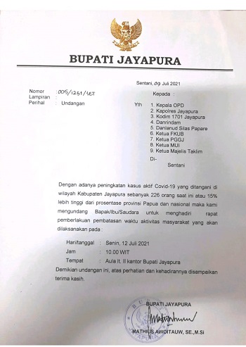 Tekan Jumlah Positif Covid-19, Bupati Jayapura Akan Keluarkan SE PPKM